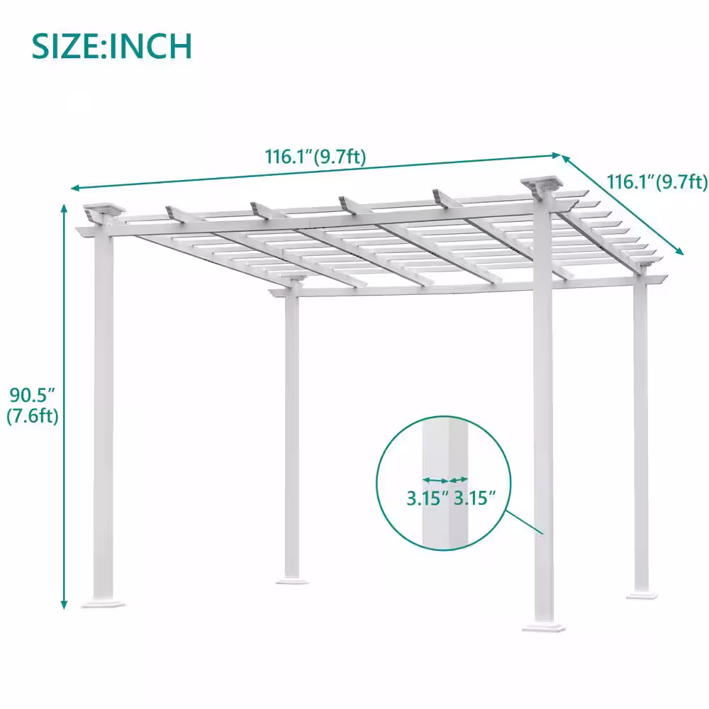 None 9.7 ft. x 9.7 ft. White Iron Pergola for Vines Pure Cover Design Sleek Seams Hidden Joints