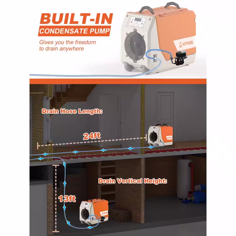 Runesay 180 pt. 6000 sq.ft. Auto Defrost Industrial Commercial Dehumidifier in. Oranges/Peaches with Pump for Large Space