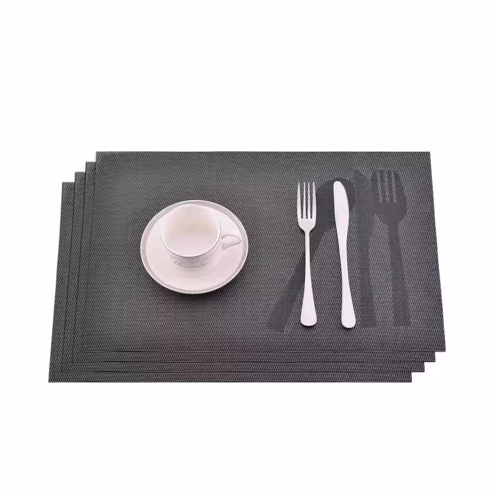 J&V TEXTILES Black Snowflakes Jacquard 12 in. x 18 in. PVC Fiber Woven Non-Slip Washable Placemat (Set of 4)