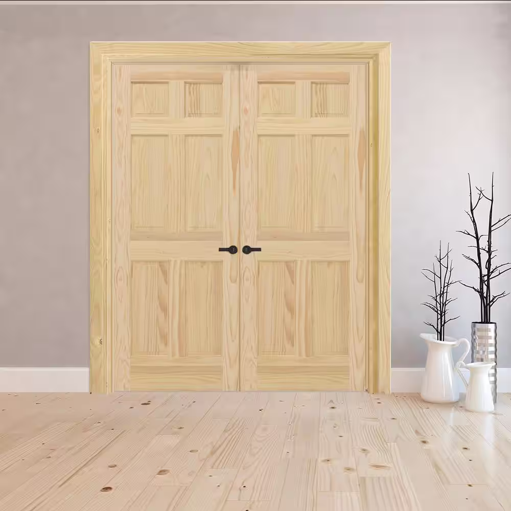 Steves & Sons 60 in. x 80 in. Universal 6-Panel Unfinished Pine Wood Double Prehung Interior French Door with Bronze Hinges