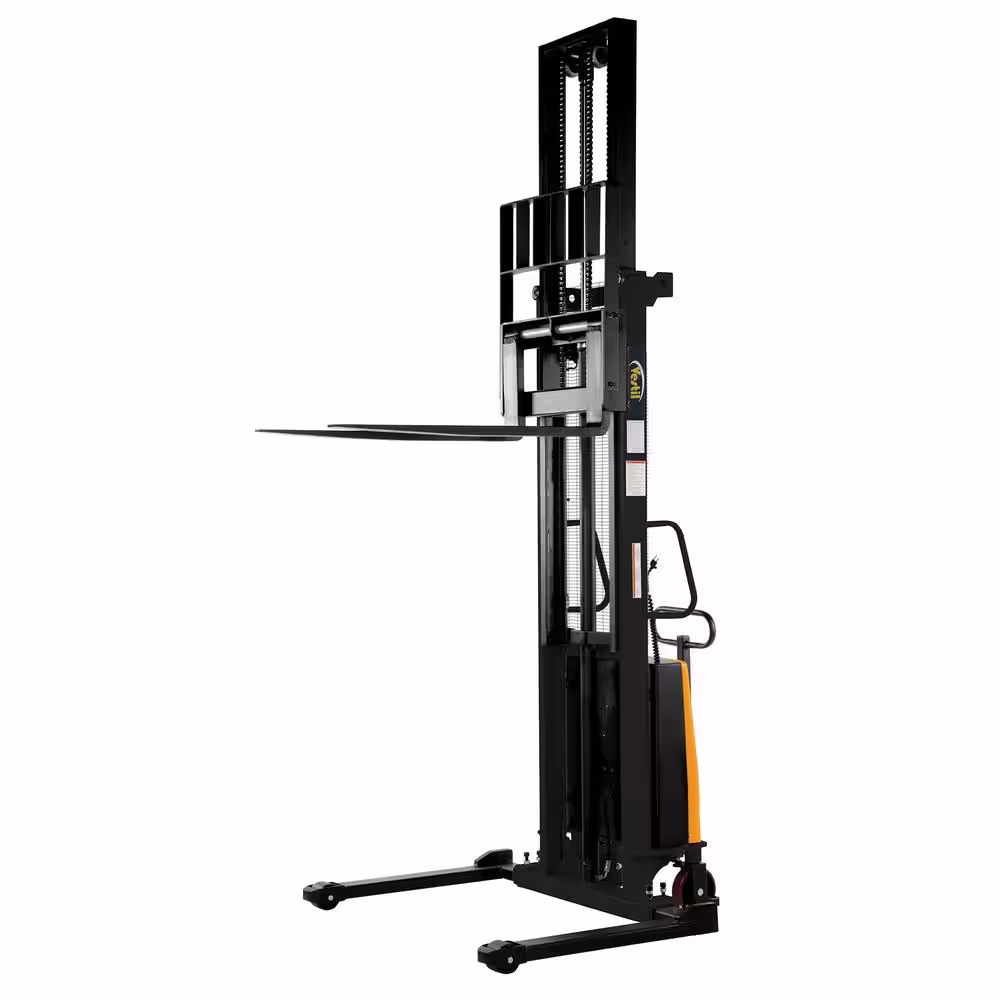 Vestil 2000 lb. Capacity 150 in. High Stacker with Powered Lift with Adjustable Forks Over Adjustable Support Legs