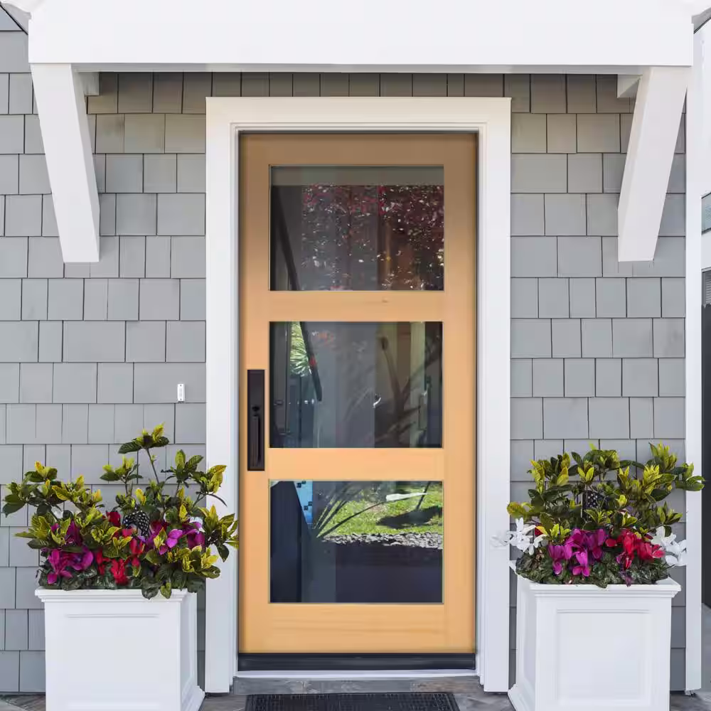 Krosswood Doors 36 in. x 80 in. Contemporary Hemlock 3-Lite Clear Glass Unfinished Wood Front Door Slab