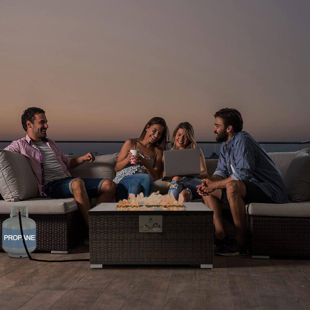 None Outdoor Brown Rectangular Wicker Fire Pit Table, 40,000 BTU Propane Fire Pit Table