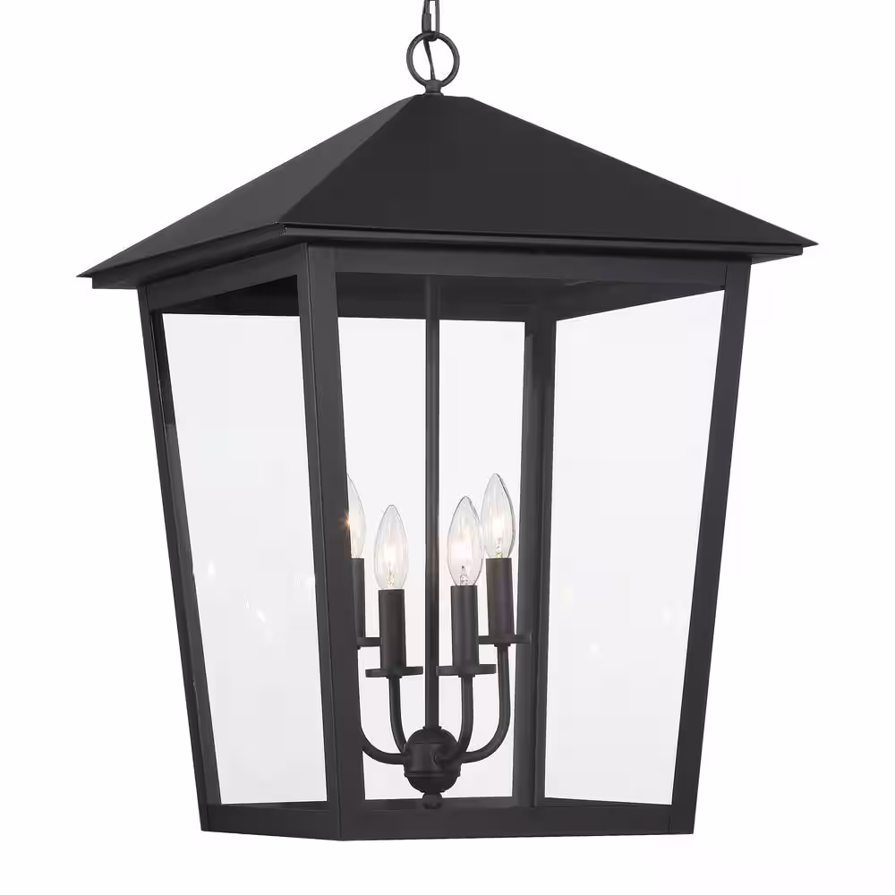 Minka Lavery Noble Hill 4-Light Black Outdoor Pendant Light with Clear Glass Shade