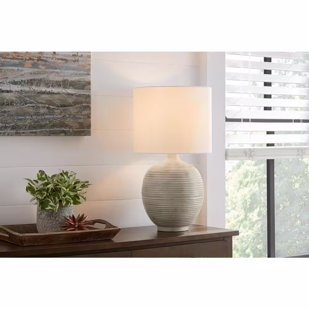 Hampton Bay Finch 22 in. Distressed White Ribbed Table Lamp with White Linen Shade