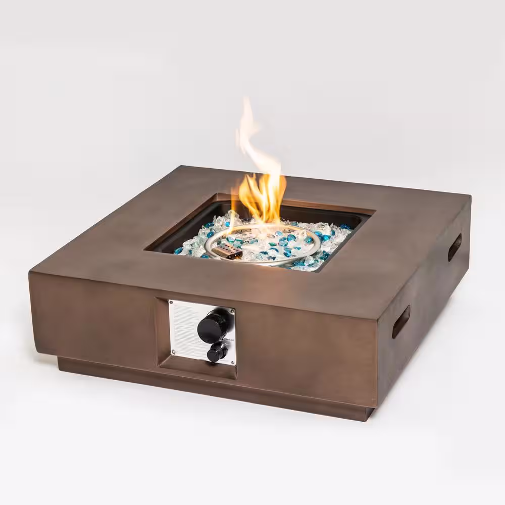None Brown Square Stainless Steel and Concrete Outdoor Fire Pit Table with Propane Tank Cover