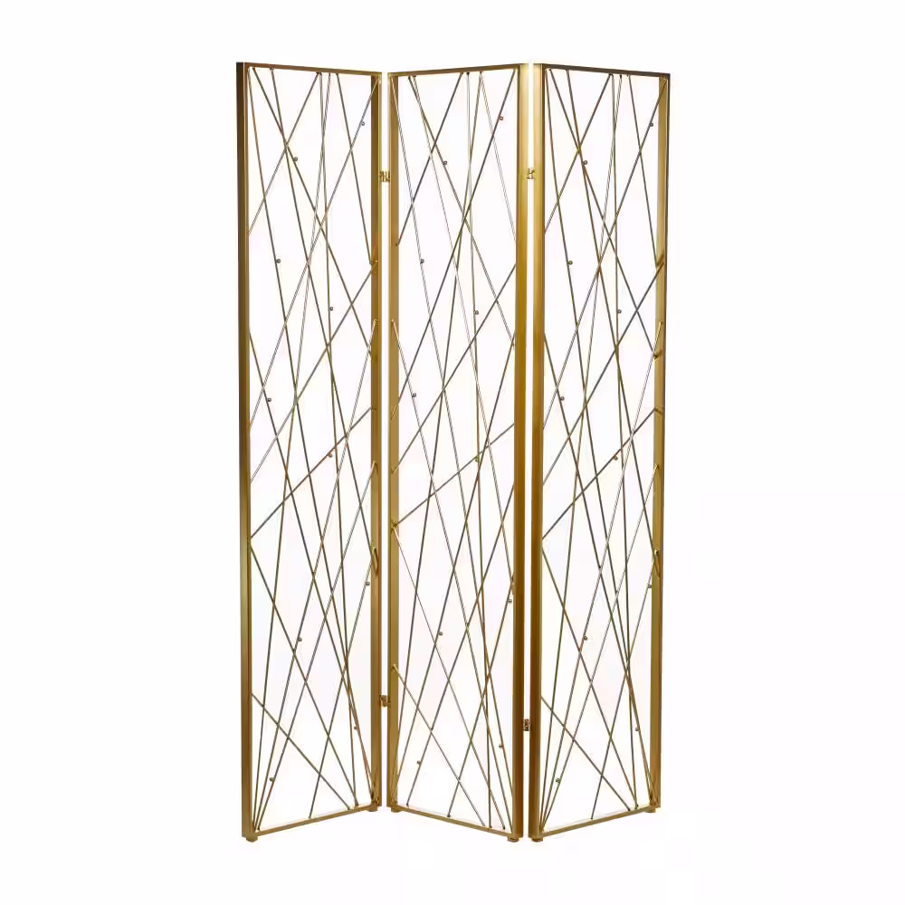 Litton Lane 7 ft. Gold 3 Panel Geometric Hinged Foldable Partition Room Divider Screen