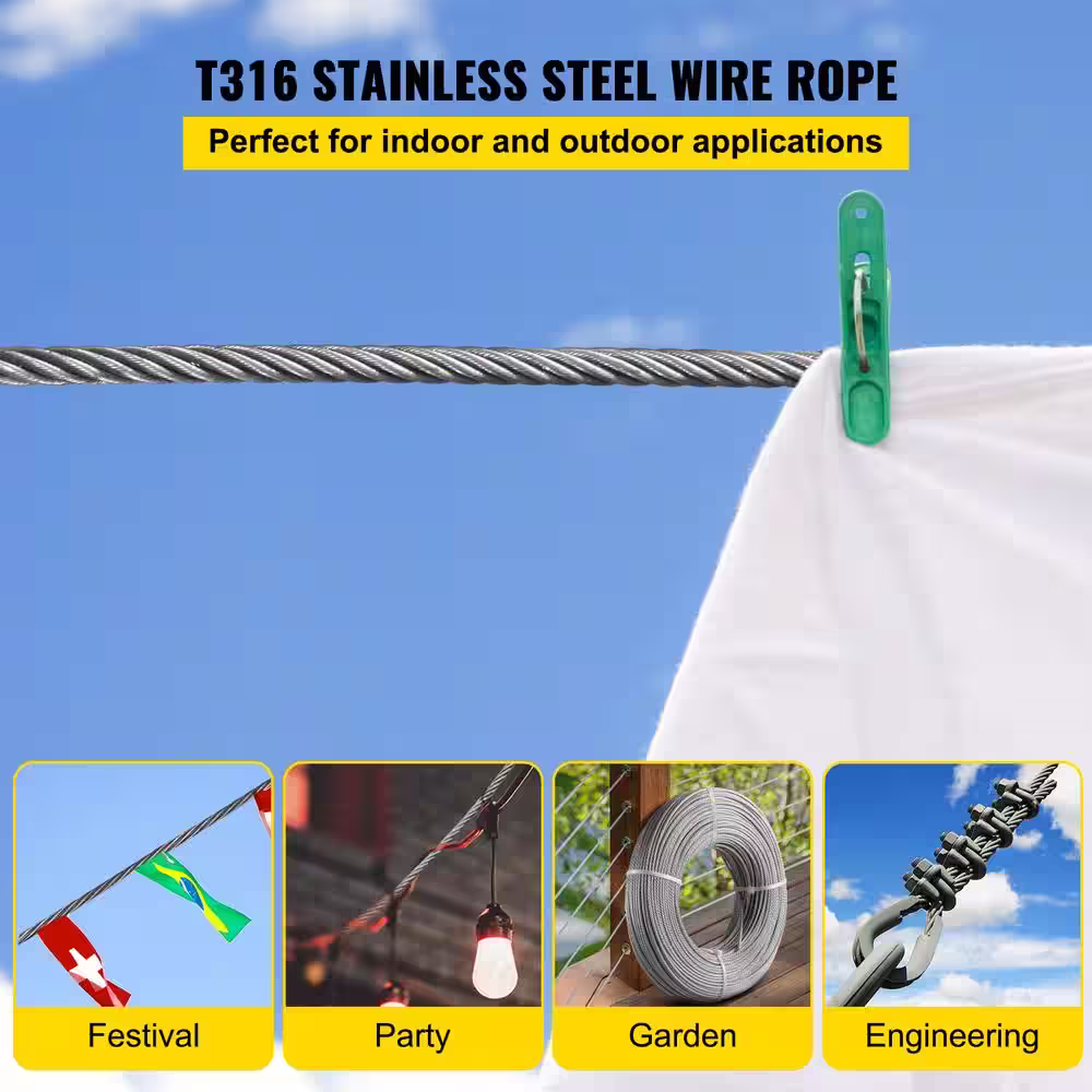VEVOR 1000 ft. x 1/8 in. Cable Railing Kit 2100 lbs. Loading T316 Stainless Steel Wire Rope with 1x19 Strands for Deck Stair