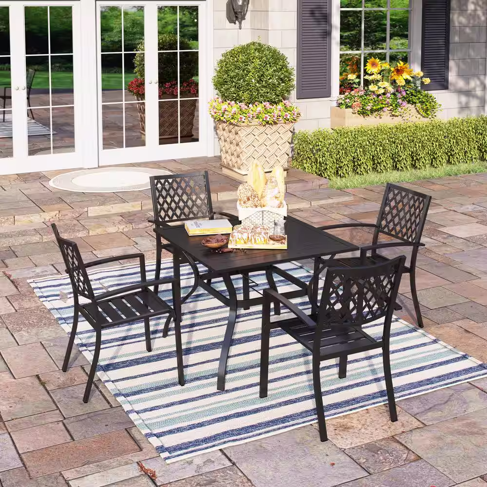 PHI VILLA Black 5-Piece Metal Outdoor Patio Dining Set with Slat Square Table and Elegant Stackable Chairs