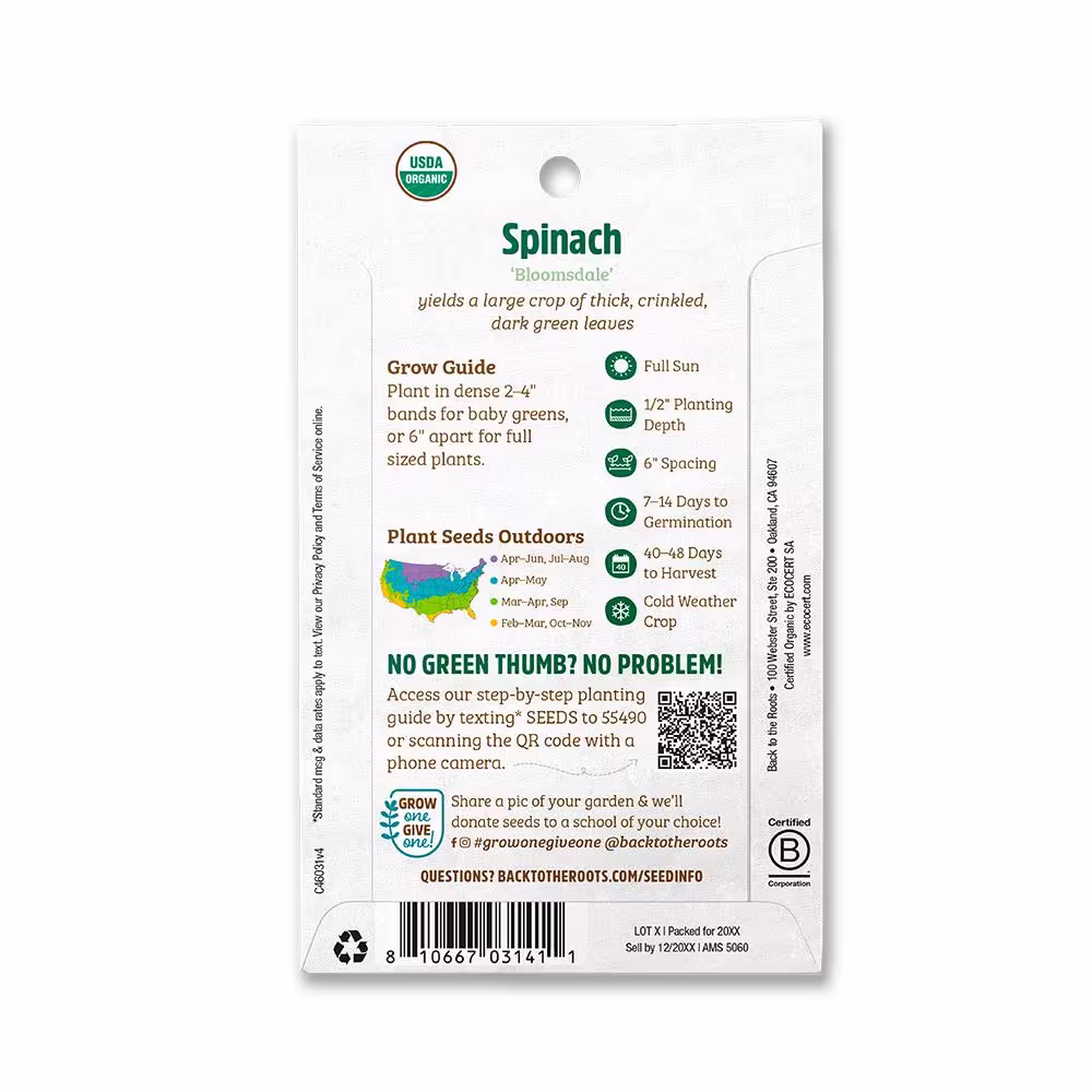 Back to the Roots Organic Bloomsdale Spinach Seed (1-Pack)