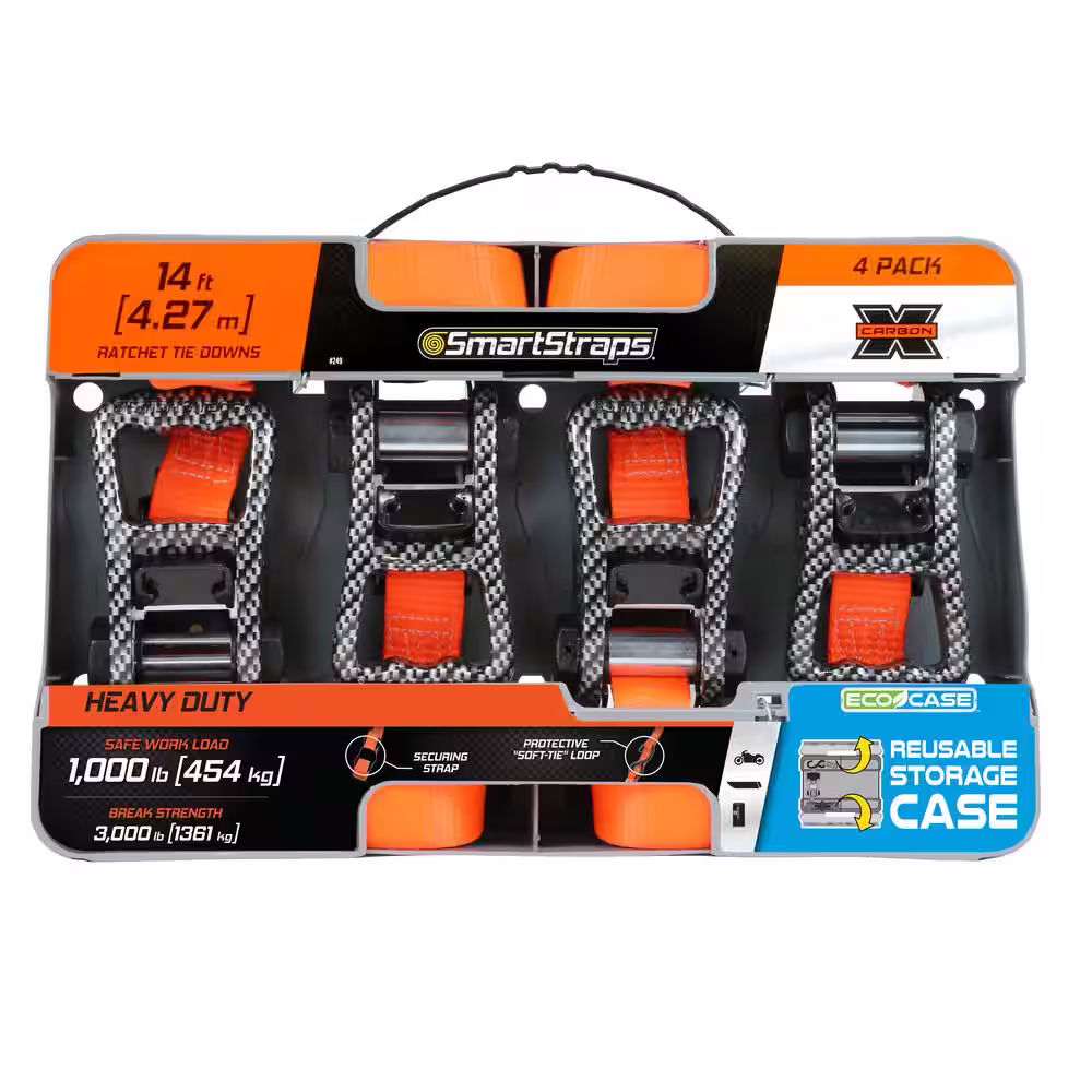 SmartStraps 14 ft. Orange CarbonX Ratchet Tie Down Straps with 1,000 lb. Safe Work Load - 4 pack