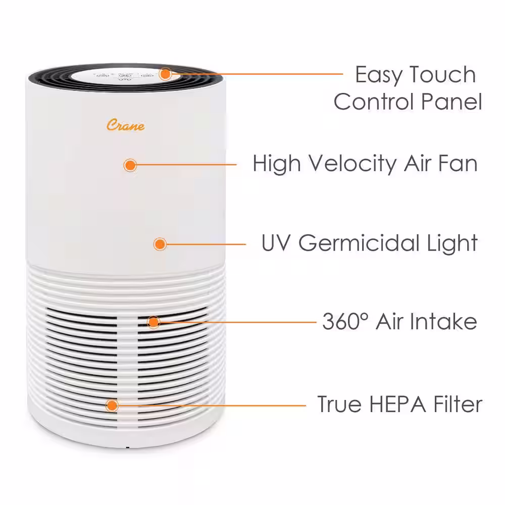 Crane True HEPA Air Purifier with Germicidal UV Light for Small to Medium Rooms up to 300 sq.ft. - Premium