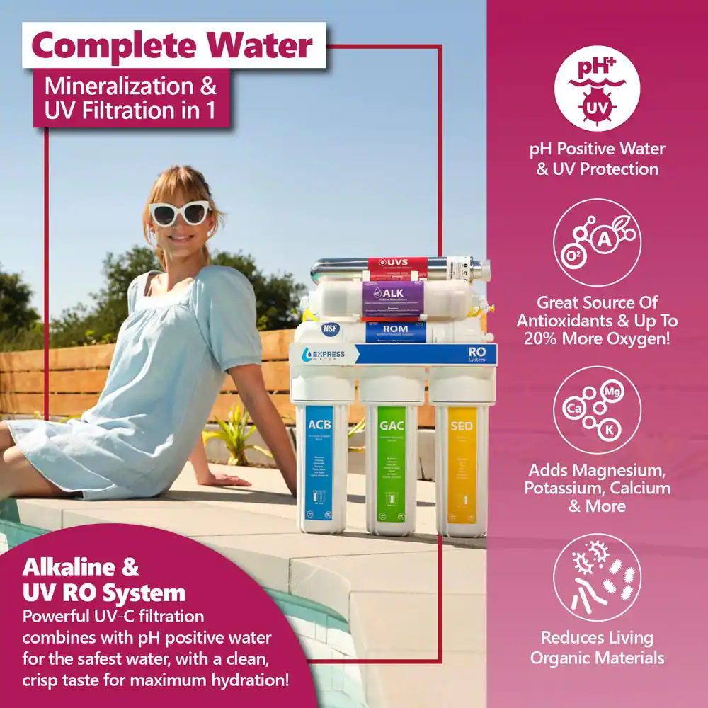 Express Water UV Reverse Osmosis Water Filtration System - 11 Stage UV Water Filter with Faucet and Tank - 100 GDP