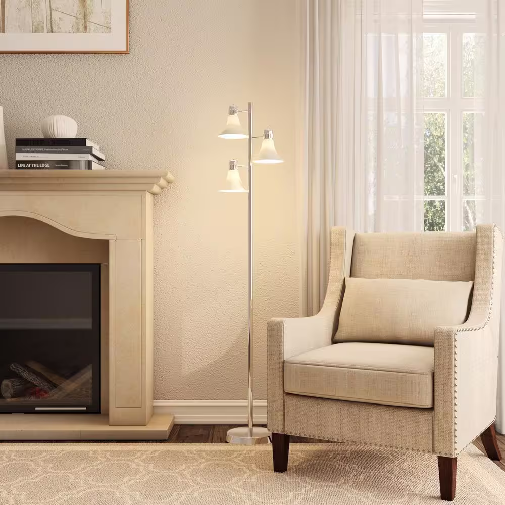 Hampton Bay 64-1/2 in. Brushed Nickel Floor Lamp with 3 Plastic Bell Shades