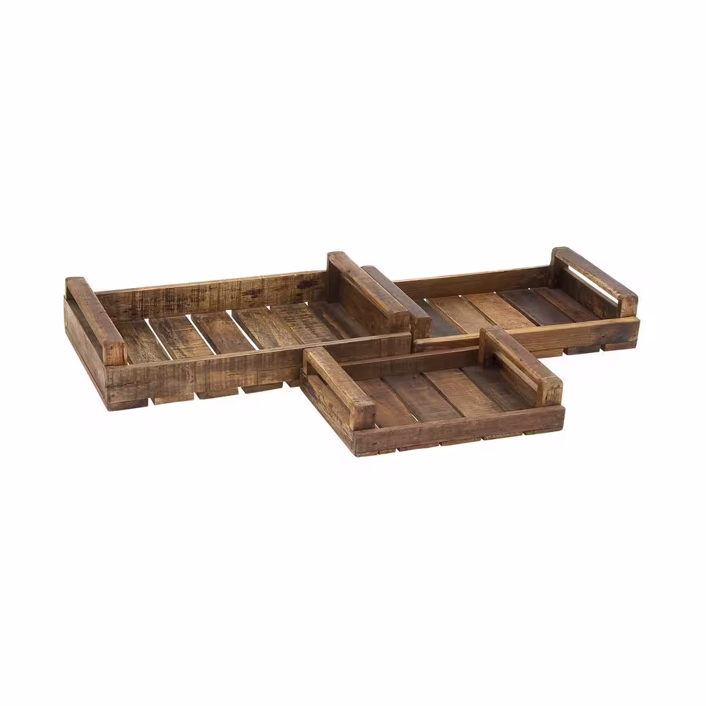 None Brown Wood Slatted Decorative Tray (Set of 3)