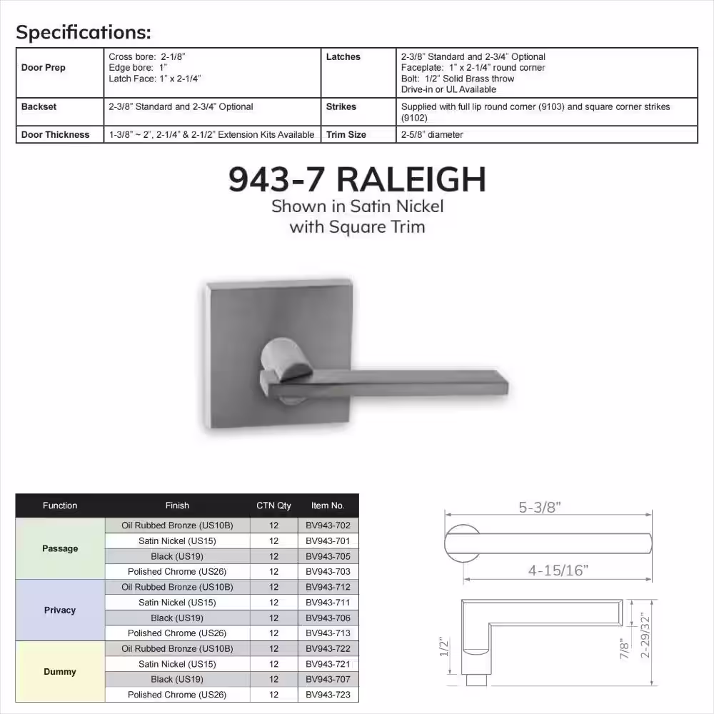 None Bravura Raleigh 943-7 Dummy Door Lever Satin Nickel w/ square trim