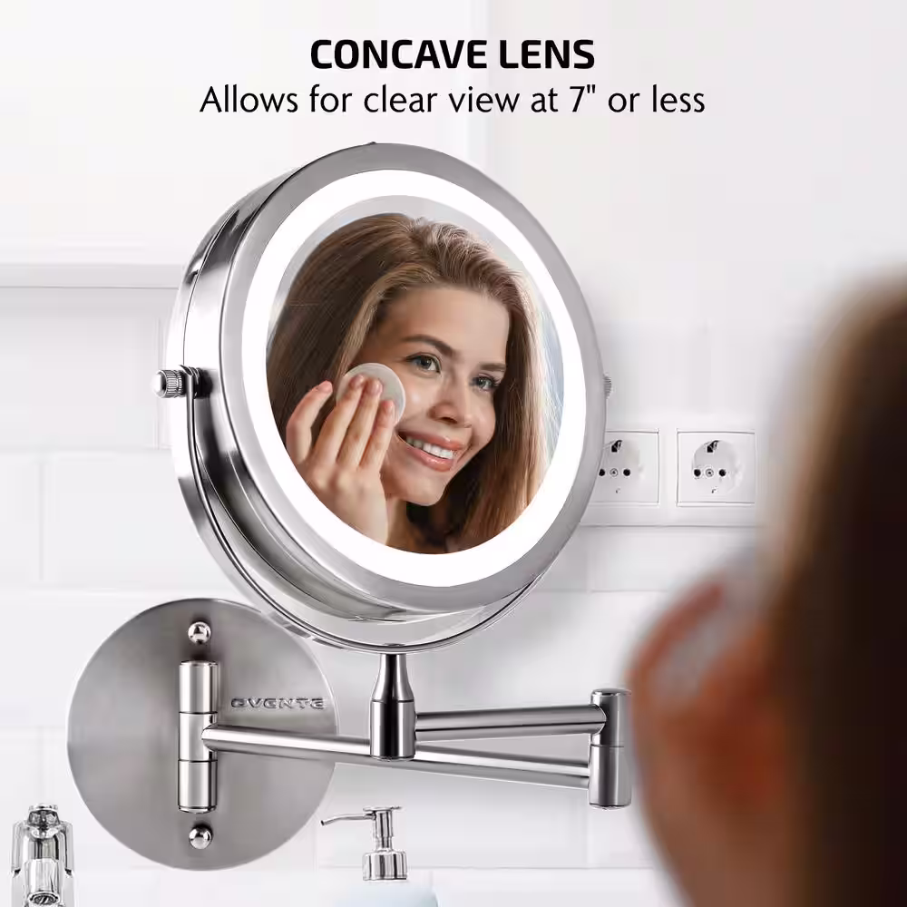 OVENTE Small Round Nickel Brushed Tilting Lighted Casual Mirror (11.6 in. H x 1.4 in. W)