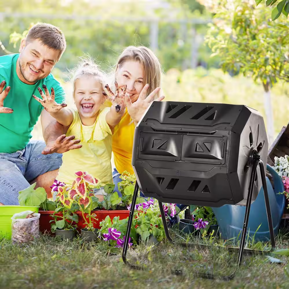 Outsunny 5.65 cu. ft. Carousel Composter Rotating 360Â° Dual Chamber Black Compost Bin