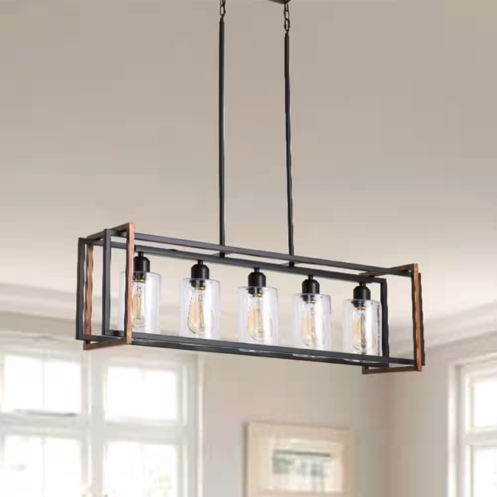 Magic Home 5-Light Pendant Lights Fixture Farmhouse Rustic Kitchen Island Chandelier for Dining Room in Wood Grain