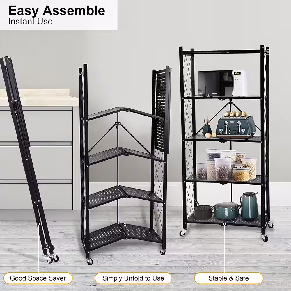 Amucolo Black Heavy Duty 5-Tier Foldable Metal Garage Storage Shelving Unit with Wheels(28.03 in. W x 63.78 in. H x 13.43 in. D)