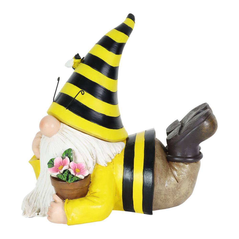 Exhart Solar Beekeeper with Flower Pot, 5.5 in. x 8.5 in. Gnome Garden Statue
