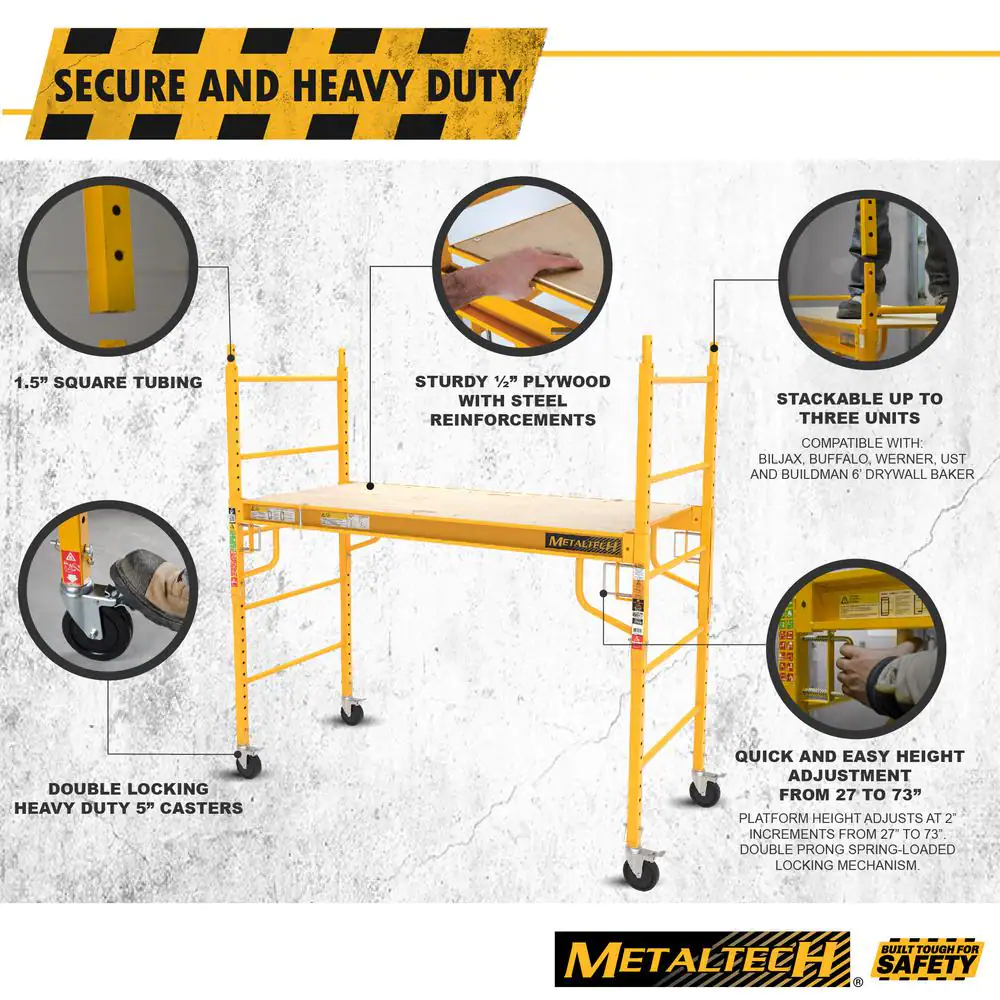MetalTech Jobsite 6 ft. Baker Style Rolling Scaffold Platform, 1100 lbs. Load Capacity, Steel, 6 ft. W x 6.25 ft. H x 2.5 ft. D