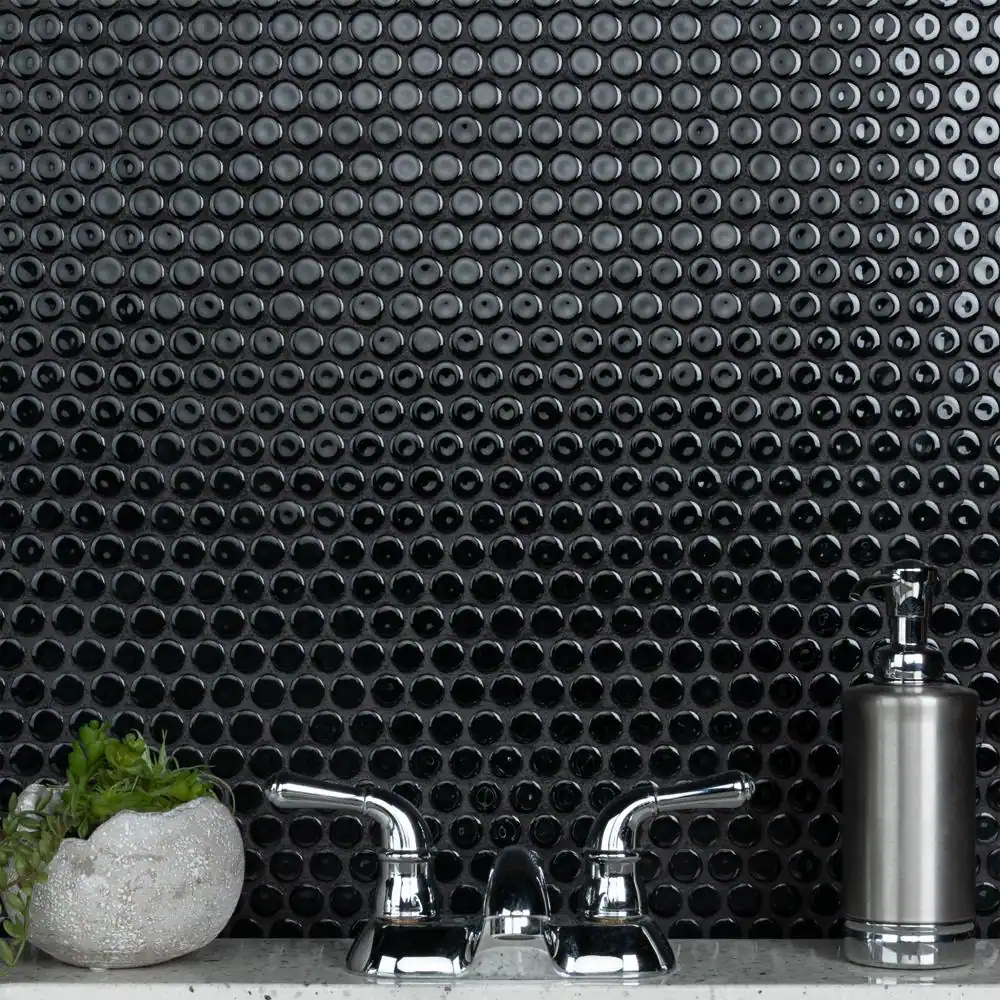 Merola Tile Hudson Penny Round Glossy Black 12 in. x 12-5/8 in. Porcelain Mosaic Tile (10.7 sq. ft./Case)