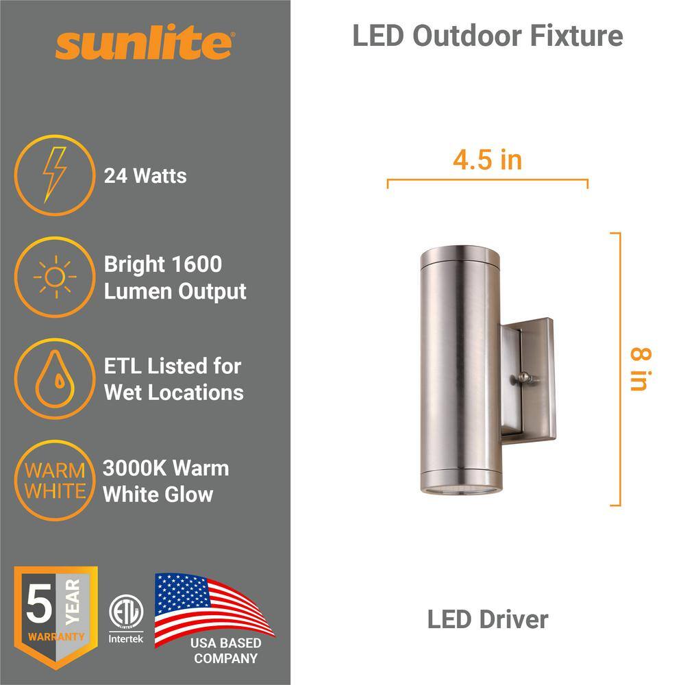 Sunlite 8 in. Brushed Nickel LED Dimmable Up and Down Outdoor Wall Cylinder Light, Warm White 3000K