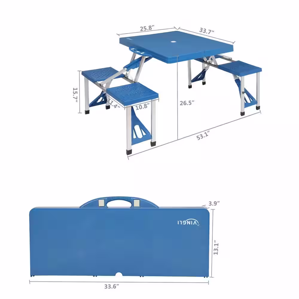 None Camping Plastic Picnic Table Set with 4 Seats with Umbrella Hole Folding Lightweight Suitcase For Travel, Outing, Blue