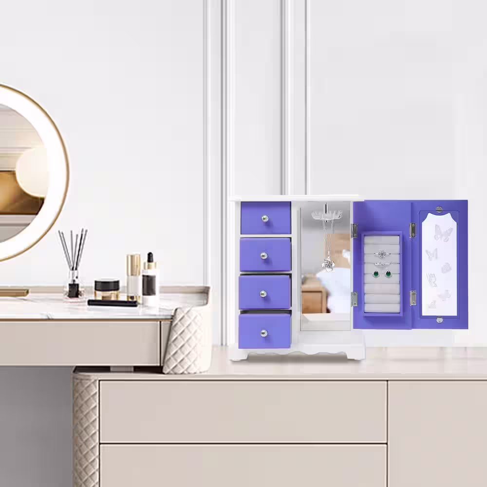 None Purple Jewelry Box Made of Solid Wood with 4 Drawers Organizer and Built-in Necklace Carousel and Large Mirror