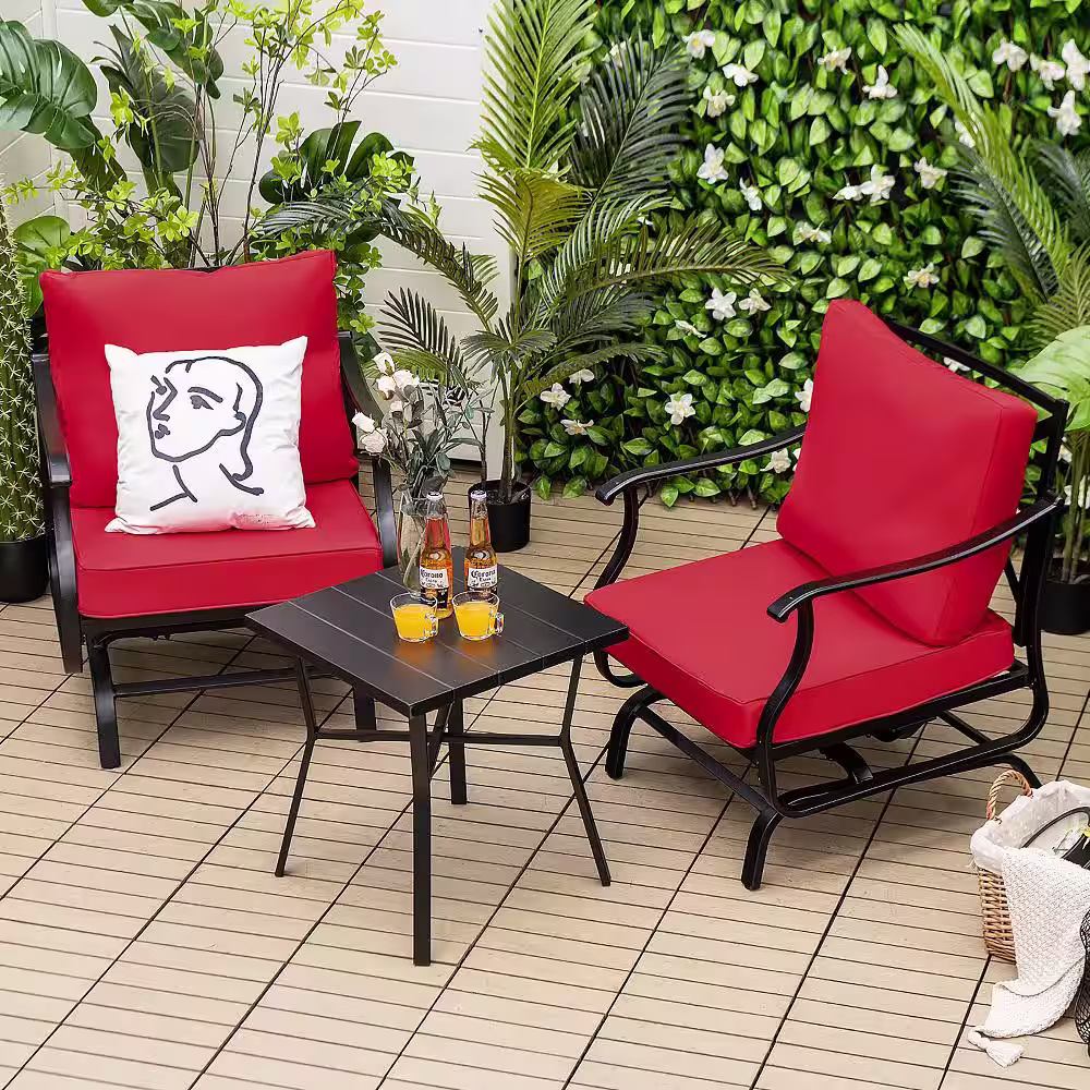 Costway 3-Piece Metal Patio Rocking Outdoor Bistro Set Armrest Chair Side Table with Red Cushions