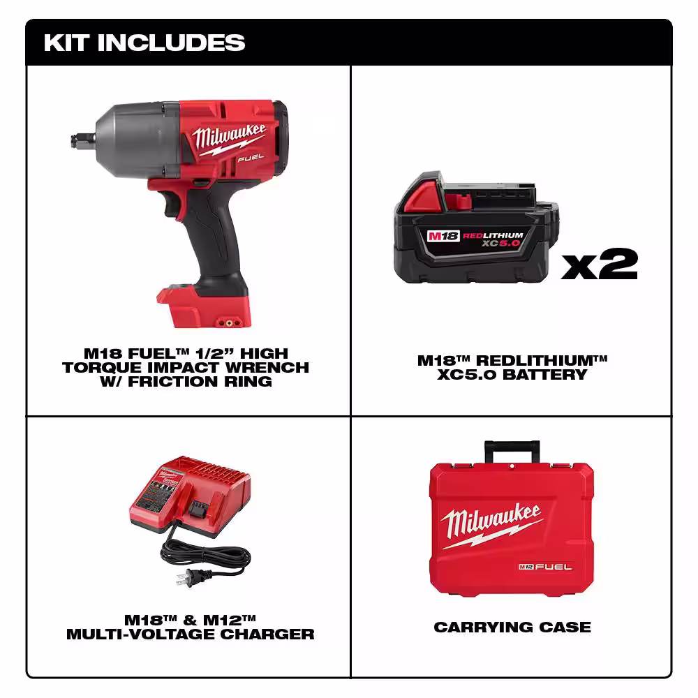 Milwaukee M18 FUEL 18V Lithium-Ion Brushless Cordless 1/2 in. Impact Wrench with Friction Ring Kit With Two 5.0 Ah Batteries