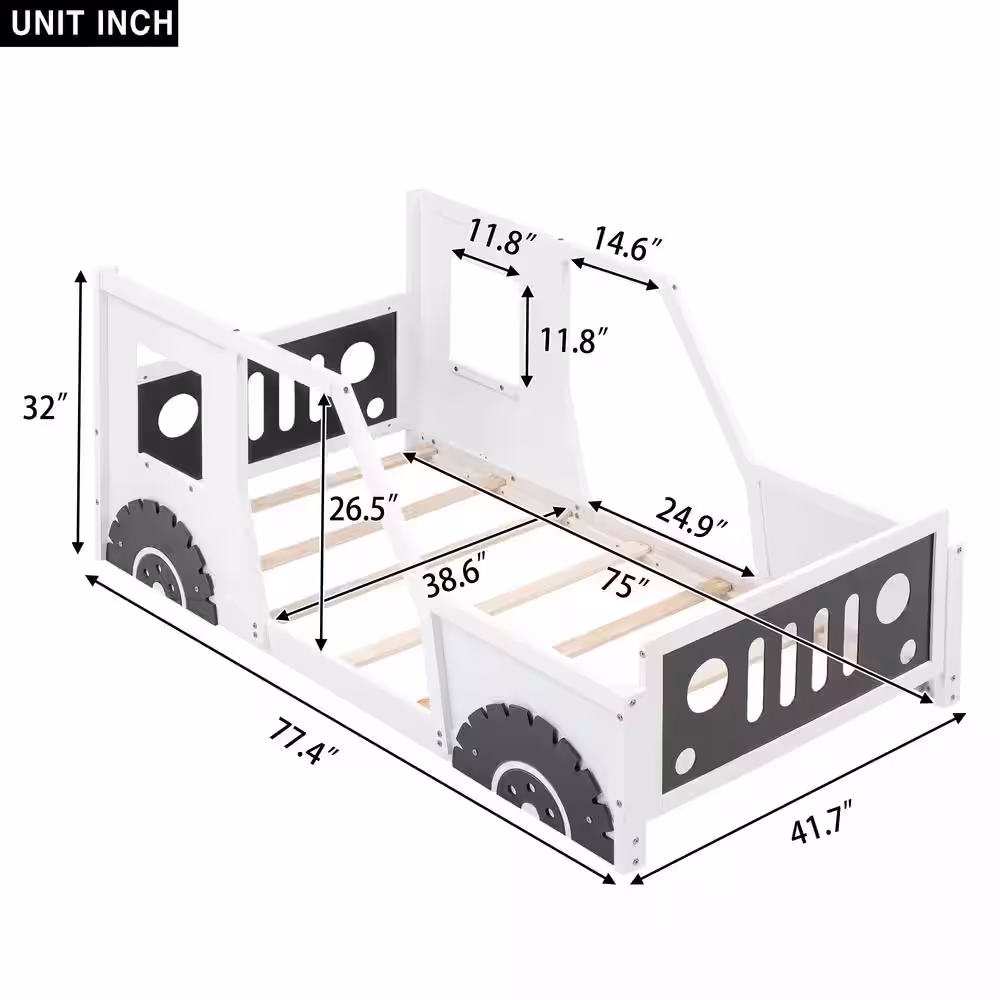 Harper & Bright Designs White Twin Wooden Car-Shaped Platform Bed with Wheels