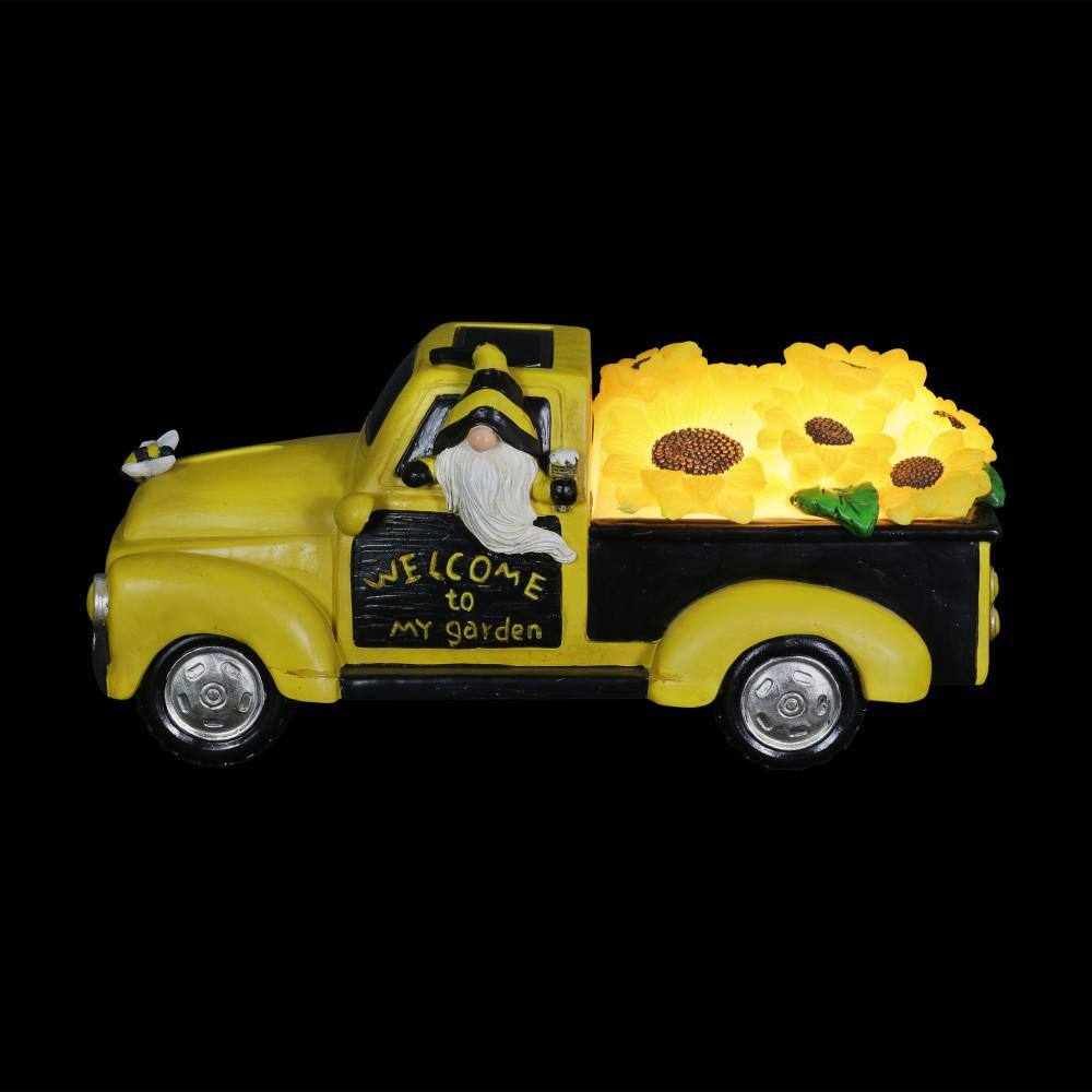 Exhart Solar Hand Painted Beekeeper in a Yellow Sunflower Truck, 11 in. x 5 in. Gnome Garden Statue