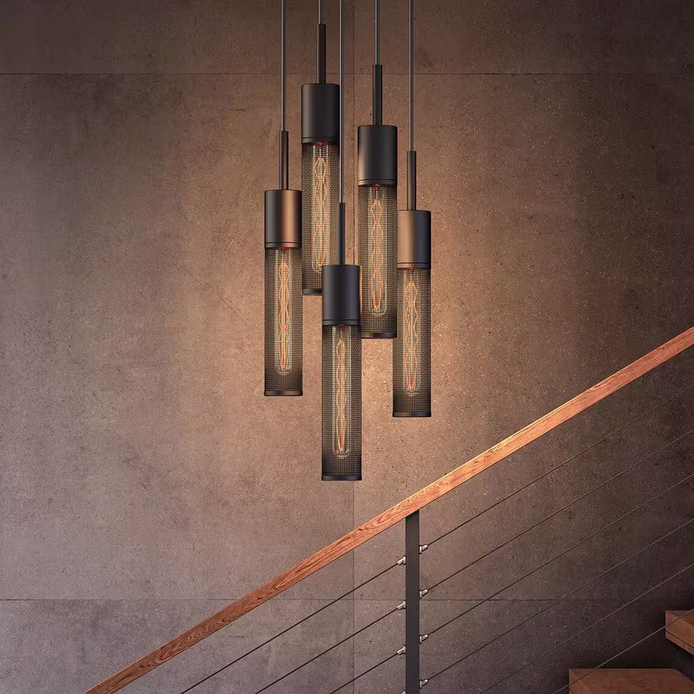 Artika Milton 60-Watt 5 Light Black Modern Pendant Light Fixture for Dining Room or Kitchen with Metal Mesh Shade