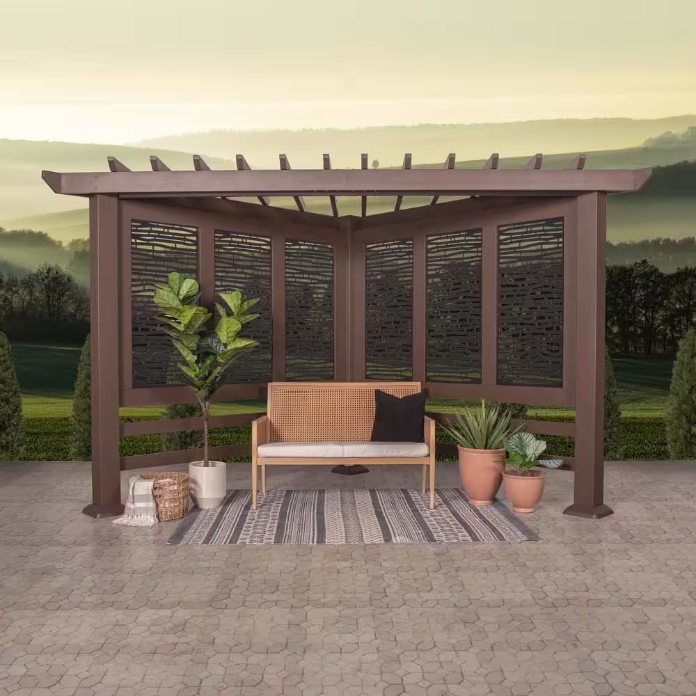 Backyard Discovery Hampton 8 ft. x 8 ft. Brown Steel Traditional Cabana Pergola with Black Privacy Panels