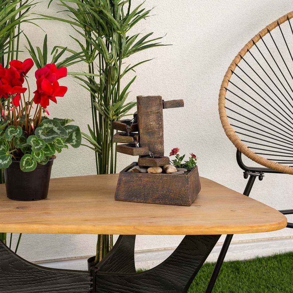 Alpine Corporation 11 in. Tall Indoor/Outdoor Zen Tabletop Tiered Stone Water Fountain with Mini Plant Holder
