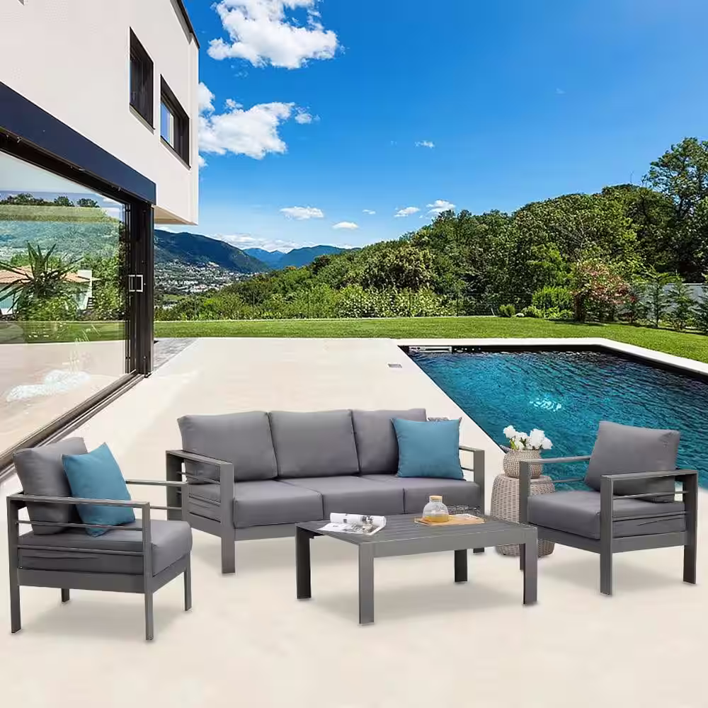 SUNVIVI Grey 4-Piece Aluminum Patio Conversation Set with Dark Grey Cushions