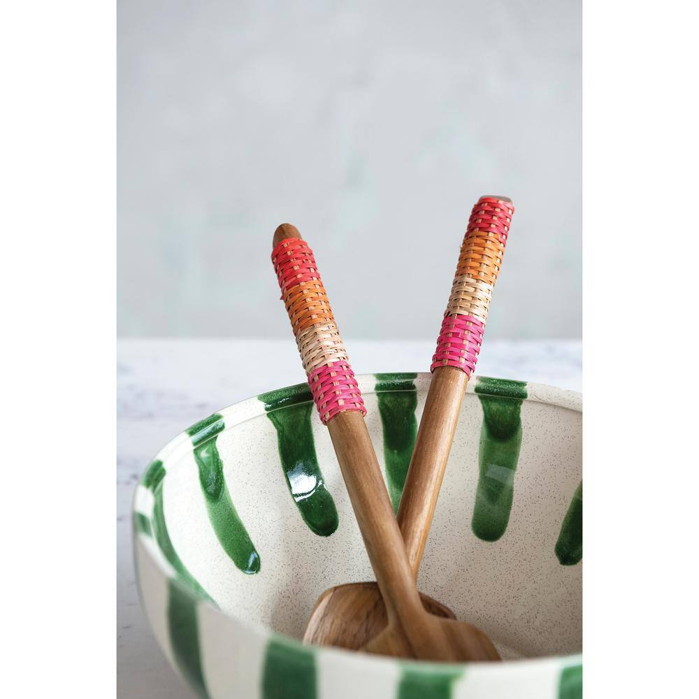 None 2-Piece Teakwood Salad Servers with Rattan Wrapped Handles and Drawstring Bag