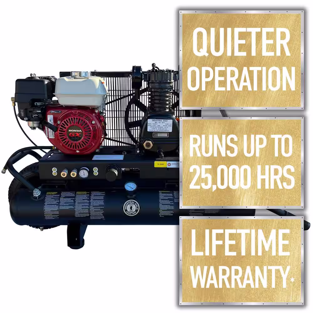 None Industrial Gold 10 Gal. 5.5 HP Honda Portable Low RPM 125 PSI Electric Air Compressor with Quiet Operation