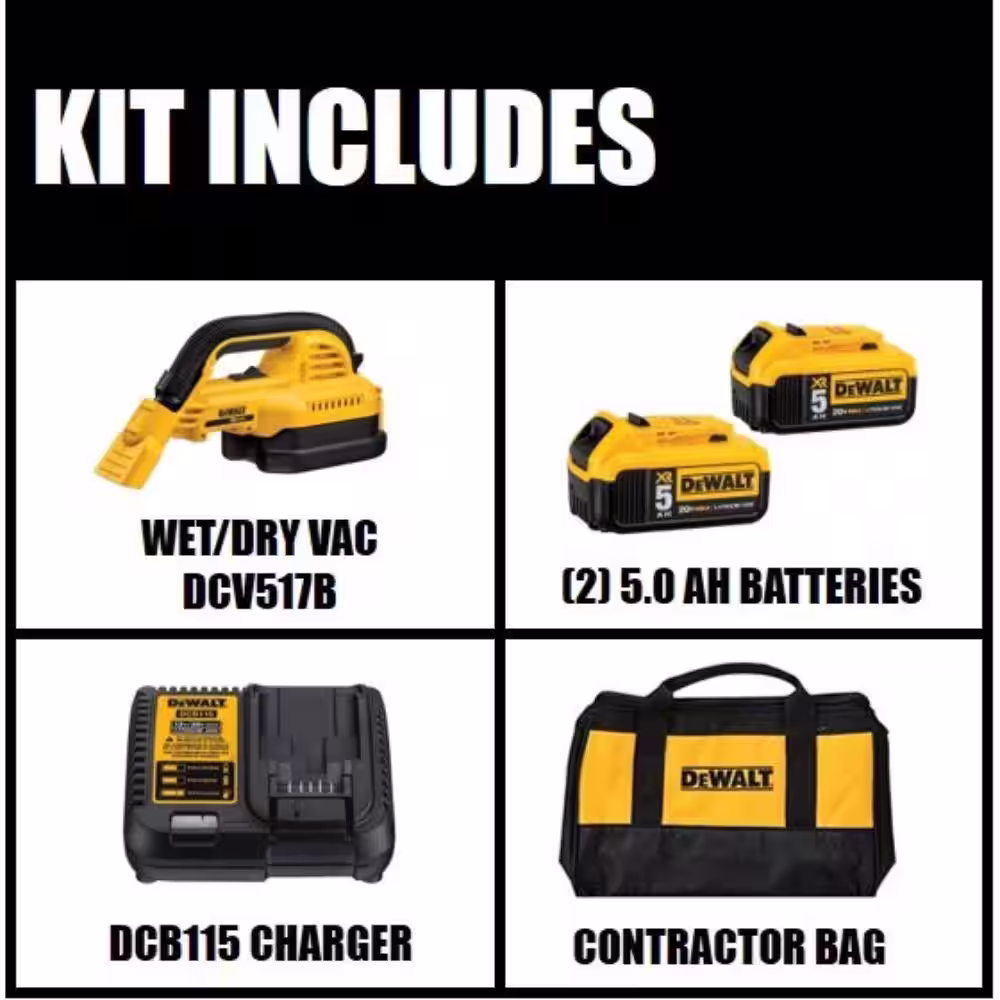 DEWALT 20V MAX Cordless 1/2 Gal. Wet/Dry Portable Vacuum, (2) 20V 5.0Ah Premium Batteries, Charger, and Kit Bag