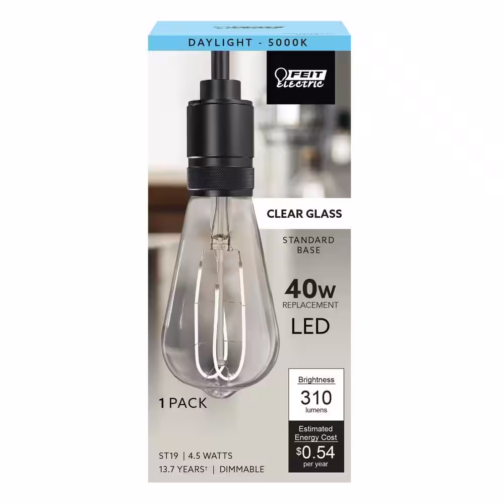 Feit Electric 40-Watt Equivalent ST19 Dimmable M-Shape Filament Clear Glass E26 Vintage Edison LED Light Bulb, Daylight 5000K