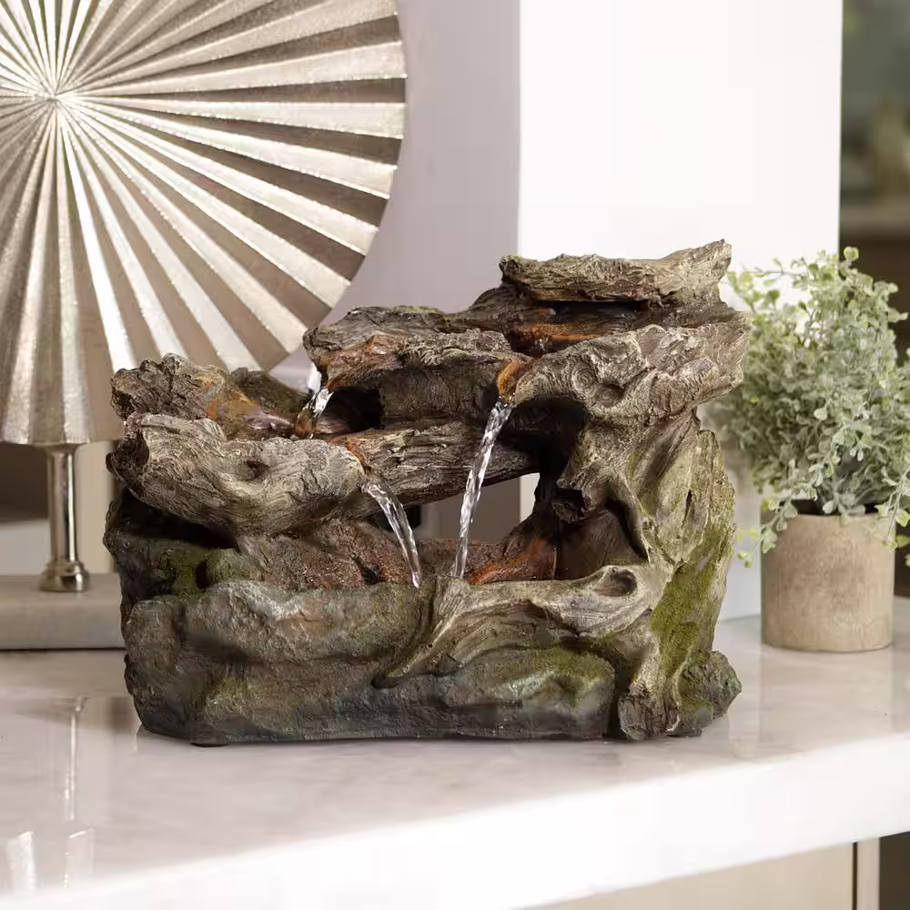 Alpine Corporation 10 in. Tall Tabletop 3-Tier Waterfall Rock Fountain with LED Lights