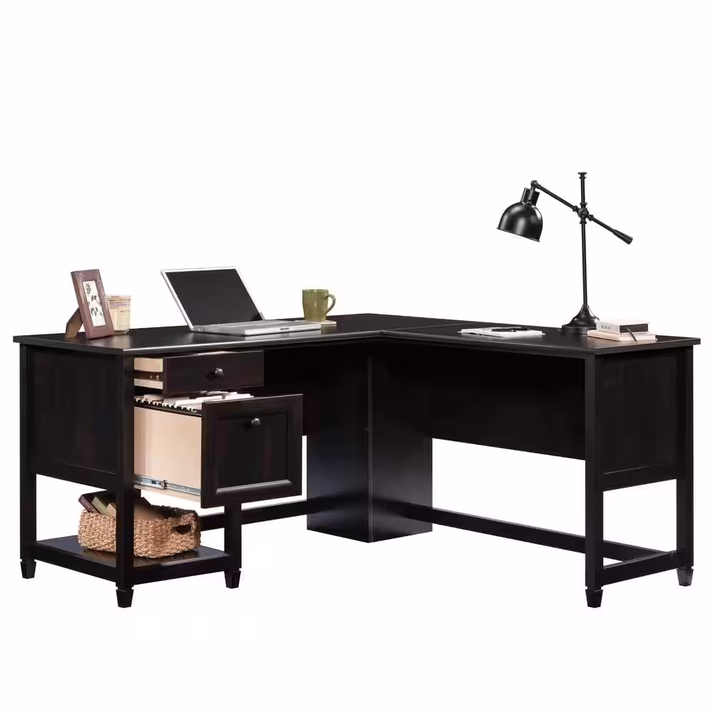 SAUDER Edge Water 59 in. L-Shaped Estate Black 2-Drawer Computer Desk with File Storage