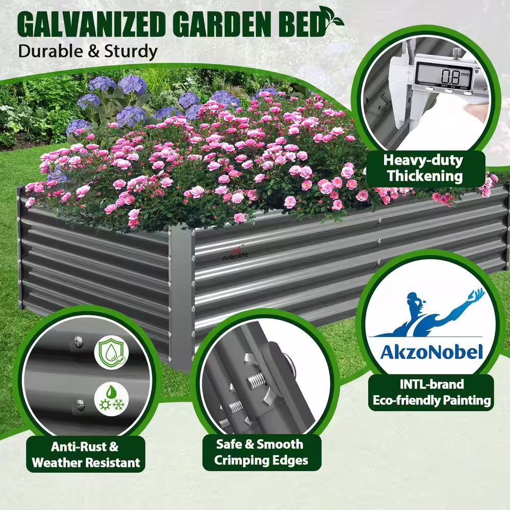 Runesay 2 PCS Gray Galvanized Steel Rectangular 359 Gal. Outdoor Bottomless Raised Planter Boxes Garden Bed(96
