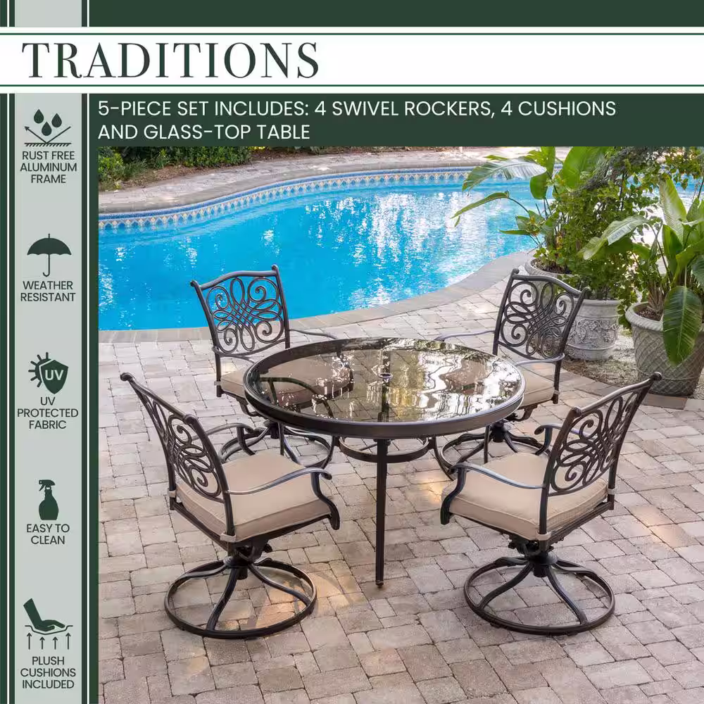 Hanover Traditions 5-Piece Aluminum Outdoor Dining Set with Round Glass-Top Table and Swivel Chairs with Natural Oat Cushions