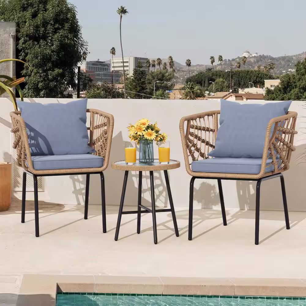 None 3-Piece Yellow Wicker Outdoor Bistro Set with Glass Top Coffee Table and Grey Cushions