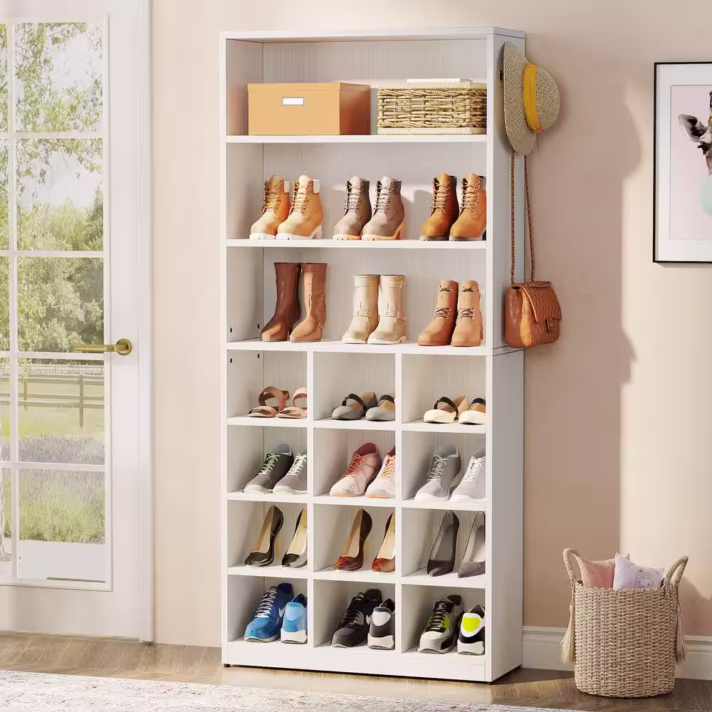 None Lauren White Shoe Cabinet with Side Hooks, 24 Pair Freestanding Shoe Rack Storage Organizer for Hallway Closet Entryway