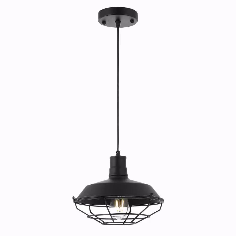 None 1-Lighe10.25 in. Metal Cage Pendant Light with 72 in. Height Adjustable Wire, Black Finish