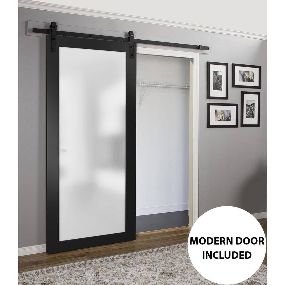 Sartodoors 28 in. x 80 in. 1 Panel Solid No Bore Full Lite Frosted Black Finished Pine Wood Interior Door Slab